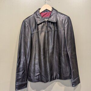 WINLIT Soft Black Leather Jacket Full Zip Womens Med Red Lining Pockets Collar